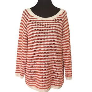 Loft orange white striped loose knit quarter sleeve boat neck sweater SIZE M